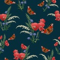 Red poppies with charming butterflies and field grass look great on a dark green background.